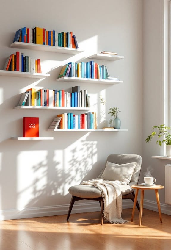 bookshelves that appear suspended